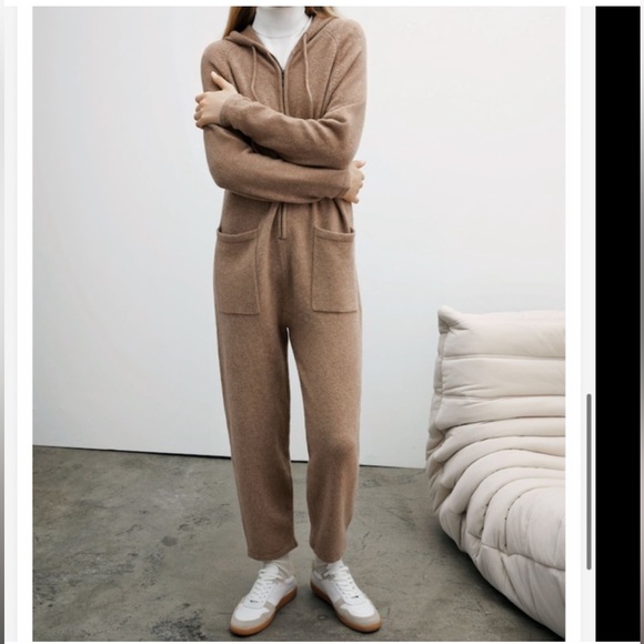 Zara Knit Camel Zip-Up Hooded Jumpsuit - Picture 6 of 8